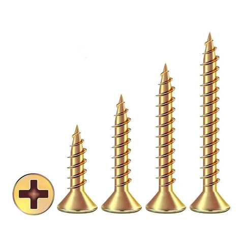 Badass Hardened Carbon Steel Self Tapping Wood Screws Featuring Smooth Countersunk Flat Heads Zinc Coated Finish, various sizes.