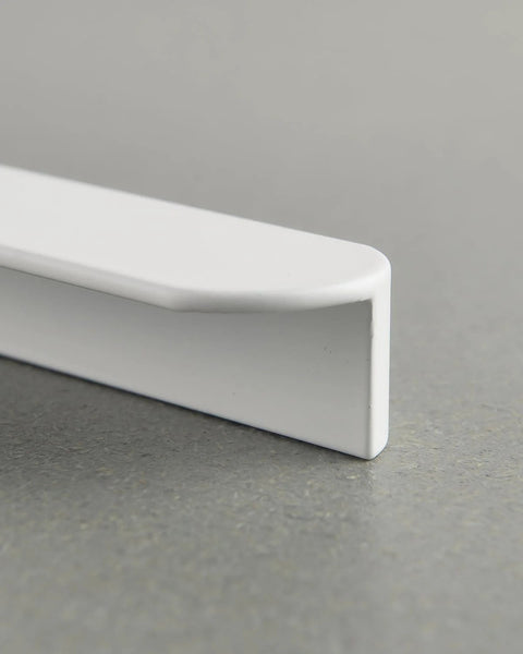 Close-up of a matte white kitchen cabinet handle showcasing its modern design, part of the Matte White Kitchen Cabinet Handles Pack Of 5 Cup Pulls 3.8 Inch Center To Center 4.7 Inch Long 0.98 Inch Wide Modern Cupboard Drawer Pulls For Kitchen Furniture Doors Wardrobe Vanities.
