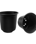 4 Inch Plastic Nursery Pots 100 Pack With Drainage Holes For Seedlings, Cuttings, And Transplants shown in durable black plastic.