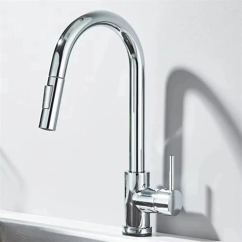 Black Pull Out Deck Mounted Flexible Hot Cold Stream Shower Modes Nozzle Faucet in polished chrome finish, side view.