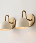 Modern Brass Bowl Wall Sconce - Mid Century Modern Light Fixture Pair (Set of 2) with white shade on wall.
