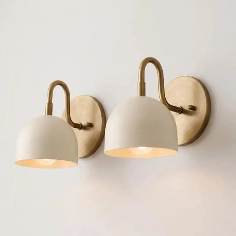 Modern Brass Bowl Wall Sconce - Mid Century Modern Light Fixture Pair (Set of 2) with white shade on wall.