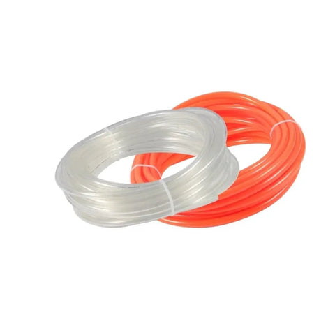 Top Shelf Heavy Duty Polyurethane Pneumatic Hose Built Tough For Smooth Airflow And Compressor Systems Measuring 10mm Outside By 6.5mm Inside Featuring Crystal Clear Walls And A Massive One Hundred Meter Roll, clear and orange tubing.