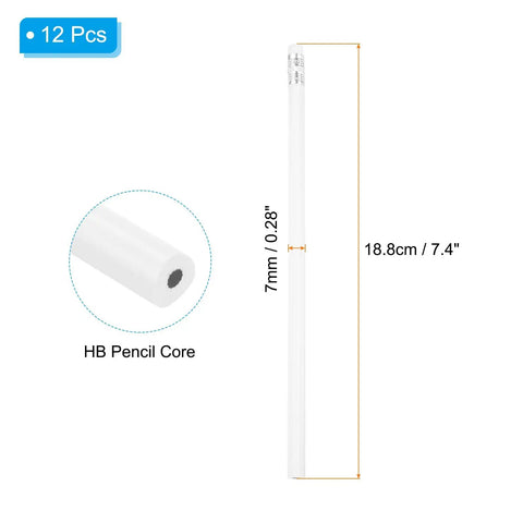 Triangular HB Graphite Pencils With Erasers, 12 Pack White Wooden Pencils, measurement display, HB core detail