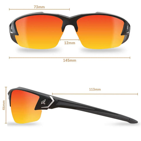 Khor G2 Polarized Wraparound Safety Glasses With Vapor Shield Go To Anti Fog Anti Scratch Non Slip Grip UV 400 Protection Military Grade ANSI ISEA MCEPS, black frame, smoke lenses, front and side view dimensions
