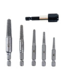 Six Piece Screw Extractor Kit With Easy Out Bolt Extractors And Left Hand Drill Bits In HSS Cobalt For Stripped Screws Bolts And Studs With One Quarter Inch Adapter showing six extractors and adapter.