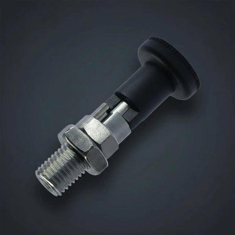 Heavy Duty Self Locking Indexing Pin With Stainless Steel Plunger And Threaded Shaft Featuring Quick Release Pull Knob and Hex Nut