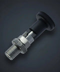 Rock Solid Self Locking Indexing Pin With Heavy Duty Metal Body And Reliable Plunger Lock For Repeatable Machine Alignment And Straight Up Stress Free Workshop Setup Hardware with black knob and silver threaded body.
