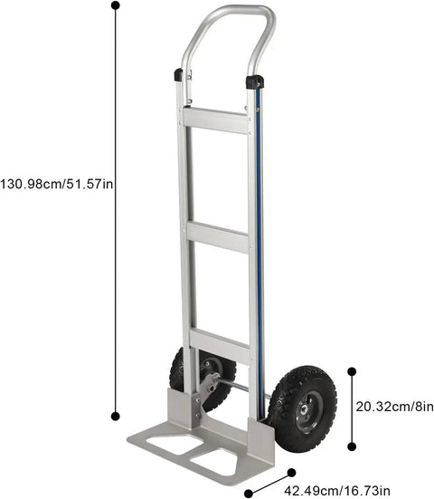 Rock Solid 500 Pound Heavy Duty Aluminum Hand Truck Featuring Comfortable Loop Handle And Quiet Rubber Wheels For Stress Free Moving Home Transport Tasks Worldwide, side view with dimensions.