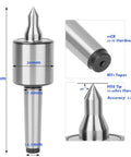 High Accuracy Triple Bearing Live Center for Metal Lathe Turning with dustproof seal, measurement details shown