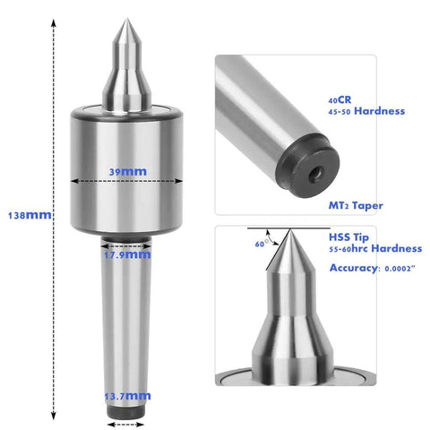 High Accuracy Triple Bearing Live Center for Metal Lathe Turning with dustproof seal, measurement details shown