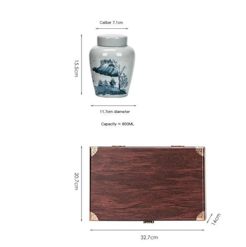 Heavy Duty Retro Ceramic Storage Jars Double Jar Set Must Have Airtight Seal Kitchen Pantry Organizers For Loose Leaf Tea Coffee Beans And Fresh Stash Solid Gift Box dimensions shown with porcelain jar and wooden box.