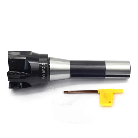 Indexable End Mills Set With R8 Shank, Two Inch Cutting Diameter, Six And One Eighth Inch Overall Length, Five Flutes, 90 Degree Right Hand Cut, Includes Five APKT1604 Carbide Inserts For Milling Metals Pro Grade