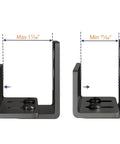 Two Pack Adjustable U Shape Barn Door Floor Guides For Floor And Wall Mount Flexible Flush Bottom Sturdy Steel In Black Finish Fits Non Grooved Doors 15/16 In To 1 7/16 In And Grooved Doors 1 7/8 In To 2 7/8 In Includes 8 Screws, showing front view with adjustable width measurements.