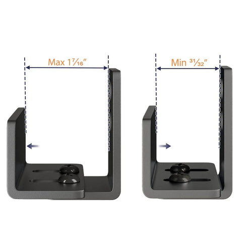 Two Pack Adjustable U Shape Barn Door Floor Guides For Floor And Wall Mount Flexible Flush Bottom Sturdy Steel In Black Finish Fits Non Grooved Doors 15/16 In To 1 7/16 In And Grooved Doors 1 7/8 In To 2 7/8 In Includes 8 Screws, showing front view with adjustable width measurements.