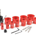 Raxmolo Heavy Duty Hole Saw Kit For Metal Wood And Plastic Drilling With 19 To 68mm Bi Metl Blades Including Multiple Sizes For Installing Locks And Knobs Perfect For Home Reno Projects. 11-piece red bi-metal hole saw set with drill bits and arbor