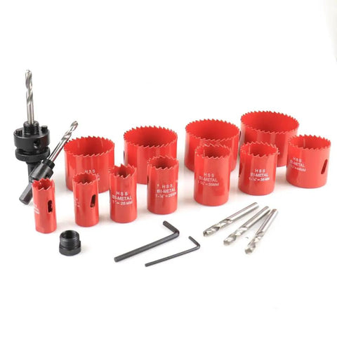 Raxmolo Heavy Duty Hole Saw Kit For Metal Wood And Plastic Drilling With 19 To 68mm Bi Metl Blades Including Multiple Sizes For Installing Locks And Knobs Perfect For Home Reno Projects. 11-piece red bi-metal hole saw set with drill bits and arbor