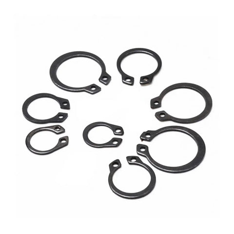 Heavy Duty External C Type Circlip Retaining Rings For Shafts Built To Last Burr Free Surface Carbon Steel Black Finish Snap Rings Set Sizes From 3mm Up To 70mm Tough As Nails Hardness Easy Install For Automotive And Machinery Projects displayed on a white background