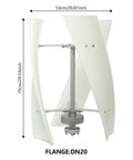 Vertical Wind Turbine Generator 24V 100W With 3 Nylon Fiber Blades, DN20 Flange Mount, dimensions labeled