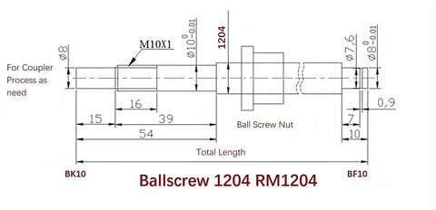 Technical diagram of ballscrew 1204 RM1204 with dimensions, showing detailed specifications for 12Mm SFU1204 Ballscrew Kit With End Processing.