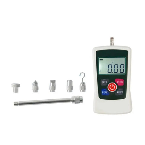 Digital Push Pull Gauge With Backlit Display Portable Dynamometer For On The Go Compression Tests AMF 500N Max 1 Percent Precision White Unit Requires Two AAA Batteries Not Included, with attachments
