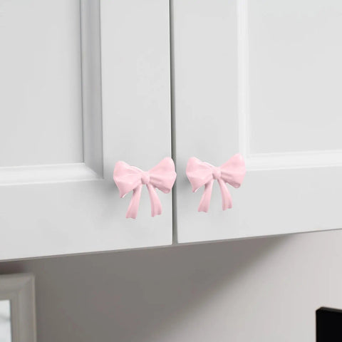 Pink Bow Dresser Knob Set With 30 Knobs And 90 Screws, 1.57 Inch Aluminum Alloy Handles on white cabinet doors