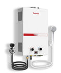 Lightweight Portable Propane Tankless Water Heater Kicking Out Instant 2.64 GPM, white with controls and showerhead.