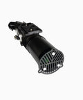 Black carbon fiber automotive component on white background, cylindrical design with attachment points at one end.