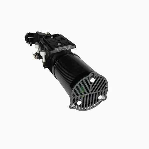 Black carbon fiber automotive component on white background, cylindrical design with attachment points at one end.