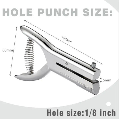 Beefy Heavy Duty 1/8 Inch Single Hole Punch With Ultra Long Depth Up To 53mm silver handheld tool, side view with dimensions shown