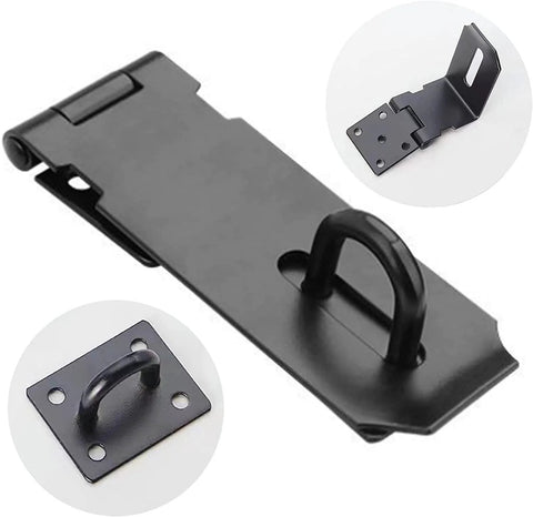 Stainless Steel 4 Inch Door Hasp Latch Lock With Fixing Screws Black Gate Hasp with visible fixing plates and staple for security
