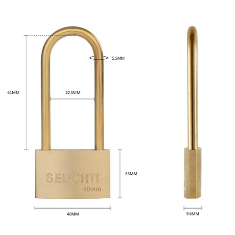 Front view of SEDORTI brass weatherproof padlock with long shackle; 40mm wide body, 61mm tall