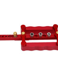 Dead On Precision Complete Self Centering Doweling Jig Kit With Professional Drill Bushes for Rock Solid Cabinet Woodworking Joinery and Quick Furniture Assembly Zero Hassle, red metal design, adjustable distance.