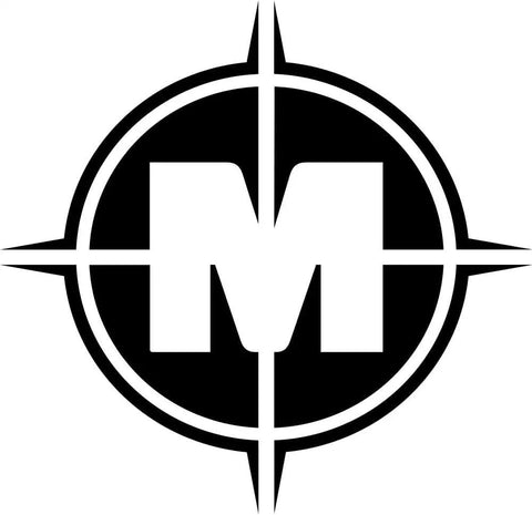 Compass design with bold 'M' in center, symbol associated with Straight Line Muzzleloader Capper For 11 Caps With Solid Brass Construction.