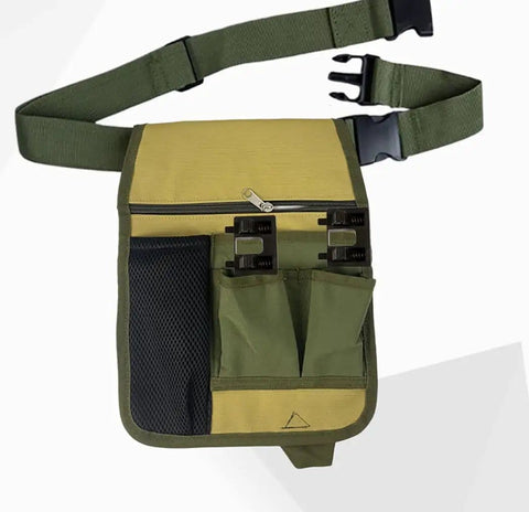 Green and yellow utility pouch with adjustable strap and multiple pockets for organizing tools and accessories.