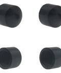 Four black durable PU longboard truck pivot cups in a set, seventeen millimeter inner diameter, top and bottom view shown.