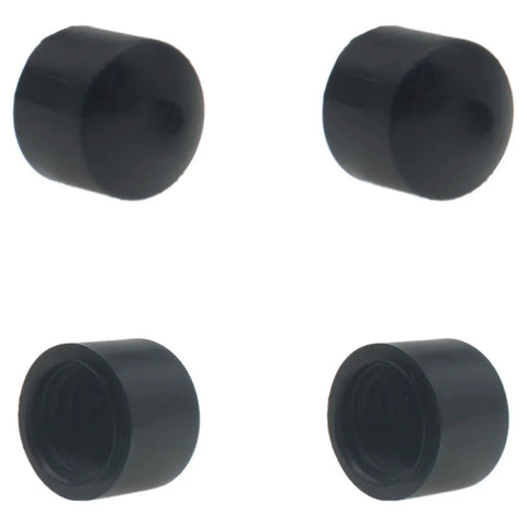 Four black durable PU longboard truck pivot cups in a set, seventeen millimeter inner diameter, top and bottom view shown.