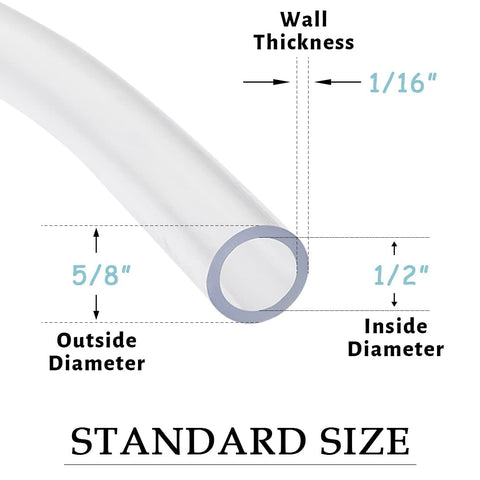 Diagram showing dimensions of Clear Vinyl Tubing One Half Inch Inner Diameter Fifty Feet Long Low Pressure Flexible PVC Hose.