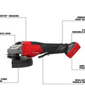 Rugged M18 Compatible Angle Grinder with smooth variable speed dial and anti-vibration grip for cutting and grinding.
