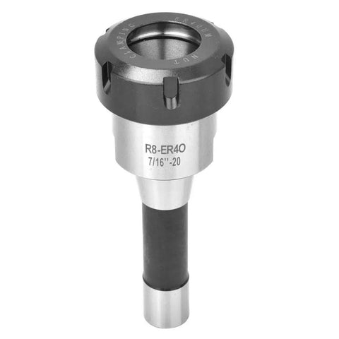 Heavy Duty R8 ER40 Collet Chuck 7/16 Inch 20UNF for CNC Milling Machine showing solid steel design with black finish.