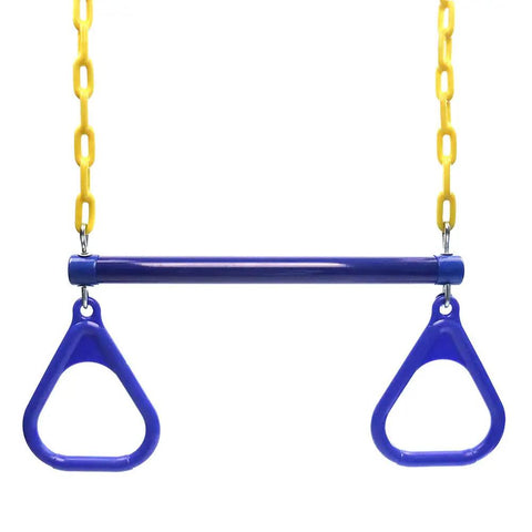 18 Inch Trapeze Bar With Rings Heavy Duty 48 Inch Plastic Coated Chains for Backyard Swing Sets in blue and yellow