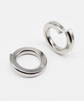 1035-Piece Stainless Steel Split Lock Washer Set With M1.6 Through M16 Sizes, 304 Grade Stainless, Heavy-Duty Assortment Kit To Prevent Nuts And Bolts From Loosening Under Vibration, Includes Elastic Gasket, Great For Auto, Bike, And DIY Projects, two stainless split lock washers on white background