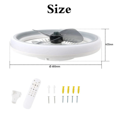 Ultra Thin LED Ceiling Fan With Lights, Dimmable Low Profile Ceiling Fan With Remote, showing dimensions and installation kit