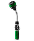 Heavy Duty Metal 2-In-1 Garden Hose Wand with 9 Spray Patterns, ergonomic green grip, and thumb flow control, side view.