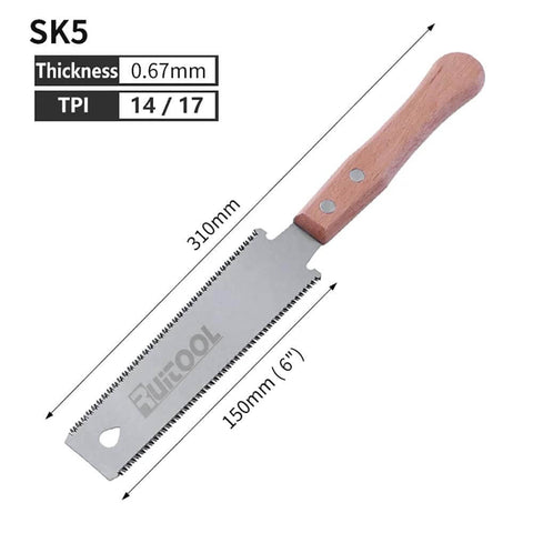 Angled front view of a RUITOOL Japanese pull saw with beech handle, double-edged SK5 blade, 150 mm blade, 14/17 TPI