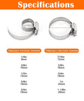 42 Piece Hose Clamps Set Stainless Steel 304 Worm Gear Assortment 1/4 Inch To 1-1/8 Inch with size specifications