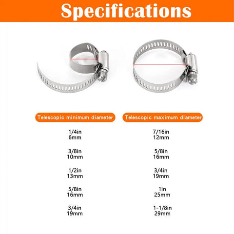 42 Piece Hose Clamps Set Stainless Steel 304 Worm Gear Assortment 1/4 Inch To 1-1/8 Inch with size specifications