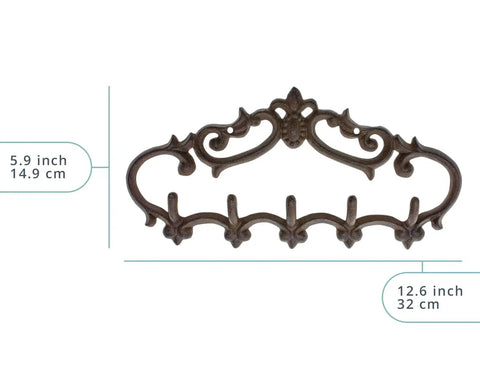 Knockout Five Hook Cast Iron Wall Hanger In Rustic Brown Fleur De Lis, 12.6x5.9 inches, designed for entryway coat and bag hanging.