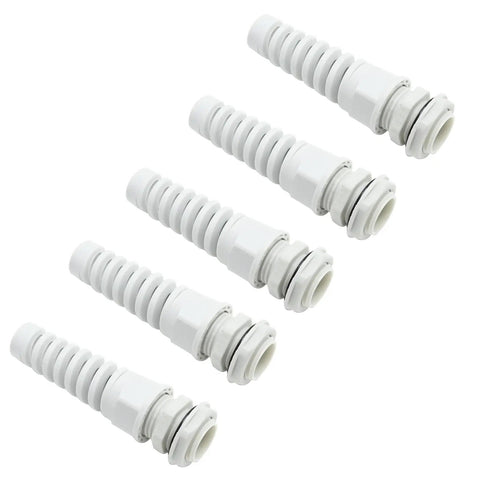 Five Pack NPT Half Inch Waterproof Cable Gland With Flexible Spiral Strain Relief Nylon Body With Gaskets For 6 To 12mm Wires Replacement