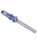 Solid Wood Router Bit 1/4 Inch Shank With Double Bearing For Trimming MDF Plywood And Particle Board Panels, featuring a blue and silver design.